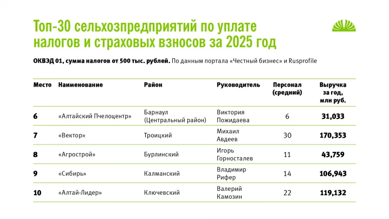 Топ-30 хозяйств Алтайского края по налоговым отчислениям за 2025 год. Данные порталов «Честный бизнес», Rusprofile. Altapress.ru, портал «Честный бизнес», Rusprofile