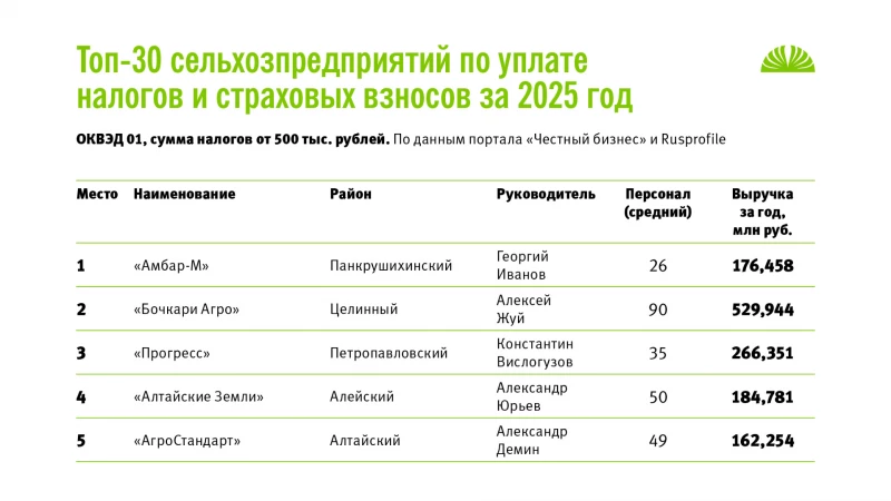 Топ-30 хозяйств Алтайского края по налоговым отчислениям за 2025 год. Данные порталов «Честный бизнес», Rusprofile. Altapress.ru, портал «Честный бизнес», Rusprofile